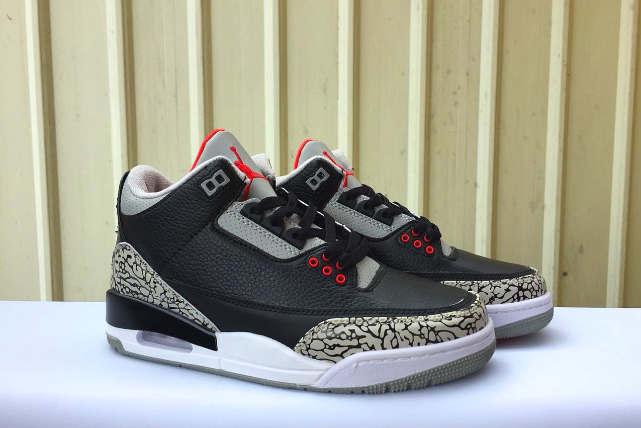 New Air Jordan 3 Retro Black Cement Red Swoosh Shoes - Click Image to Close